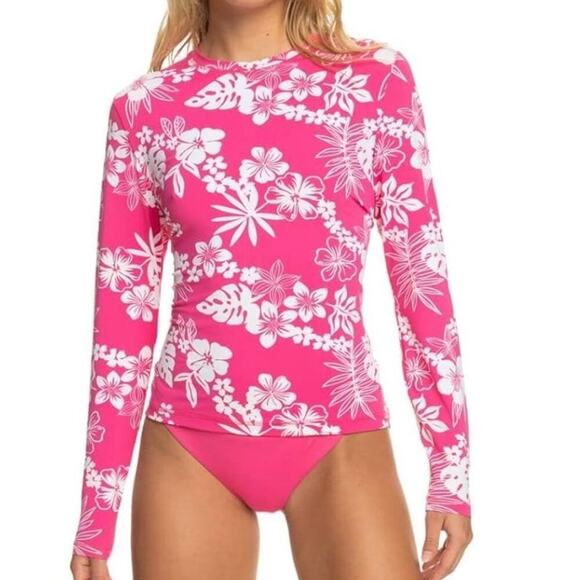 ROXY Girls' Sea Skippin Long Sleeve Rash Guard Shirt Pink Hello Aloha M NWOT - Picture 1 of 12